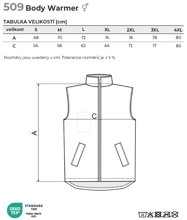 509 Body Warmer vesta unisex Tabulka velikostí